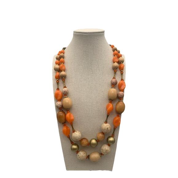 Vintage ART Arthur Pepper Tangerine & Cork Double Strand Necklace & Clip Ons Set - Picture 2 of 6